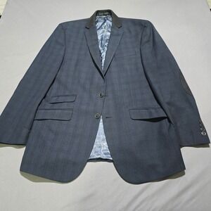 Van Heusen Studio Blazer Mens 42L Navy Plaid Elbow Patches Sport Coat